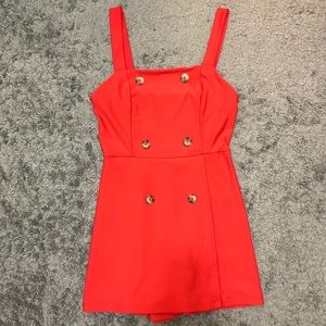 Bershka Red Romper with Tortoise Shell Buttons